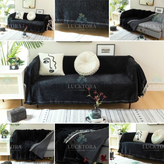Ριχτάρι Τριθέσιου Καναπέ 180x280cm Chenille Με Κρόσια Μαυρό Ριχτάρι Τριθέσιου Καναπέ 180x280cm Chenille Με Κρόσια Μαυρό